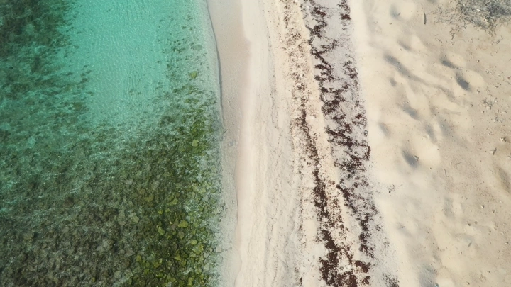 A sandy beach and clear blue waters in the Asir region, aerial shot.