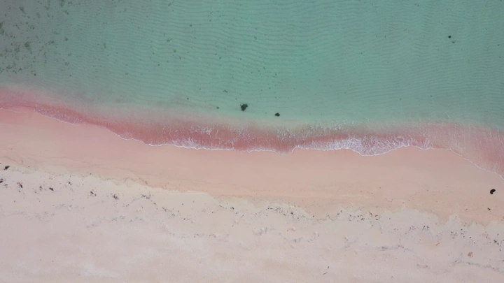 A pink sandy beach with clear blue waters in the Asir region, aerial shot.