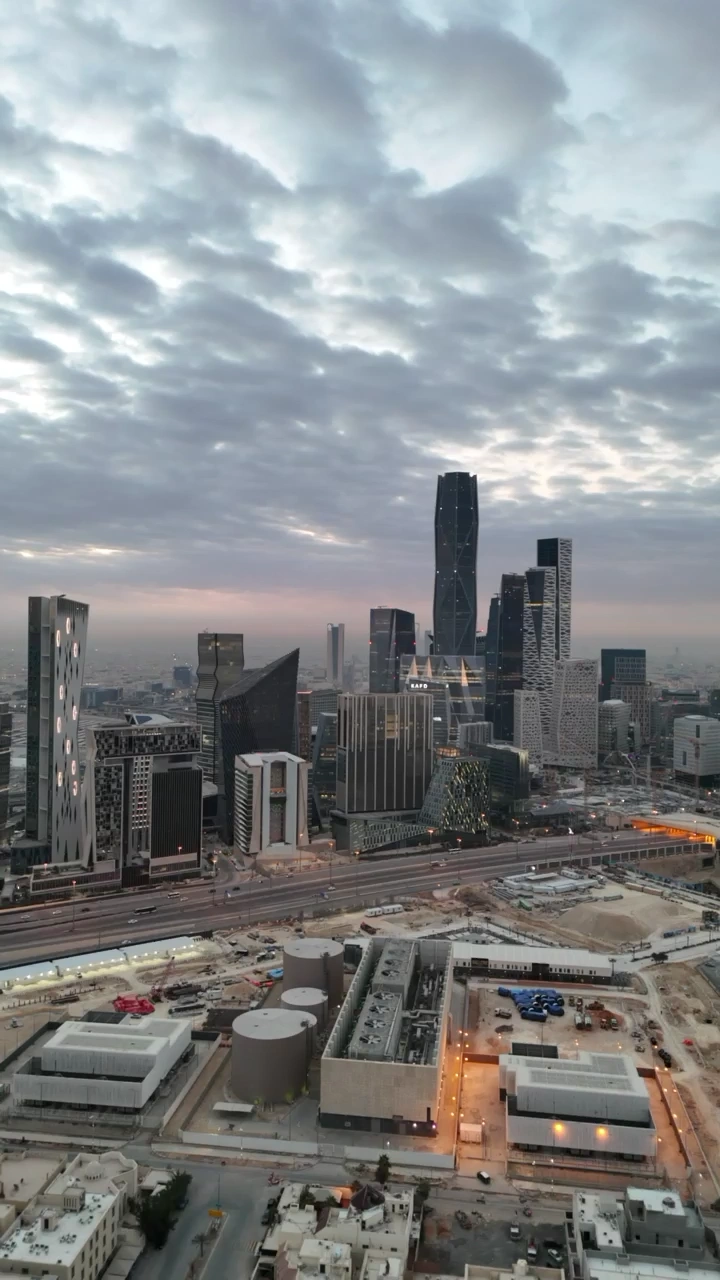 View of KAFD towers in Riyadh at sunset, drone shot.