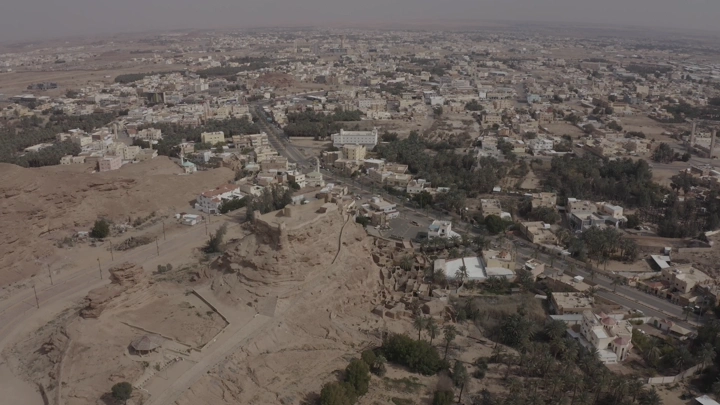 Aerial view of Za'bal Castle in Sakaka, wide aerial shot.
