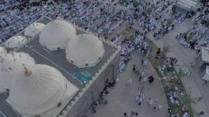 Prophet's Mosque in Medina during Iftar, aerial shot.