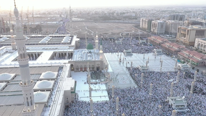 Prophet's Mosque in Medina, aerial daytime shot.