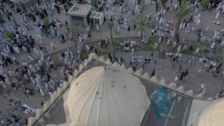 Prophet's Mosque in Medina from above, aerial shot.