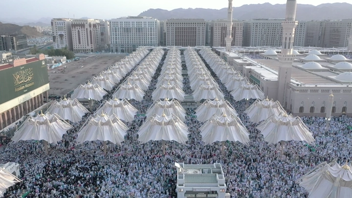 Prophet's Mosque in Medina, aerial daytime view.