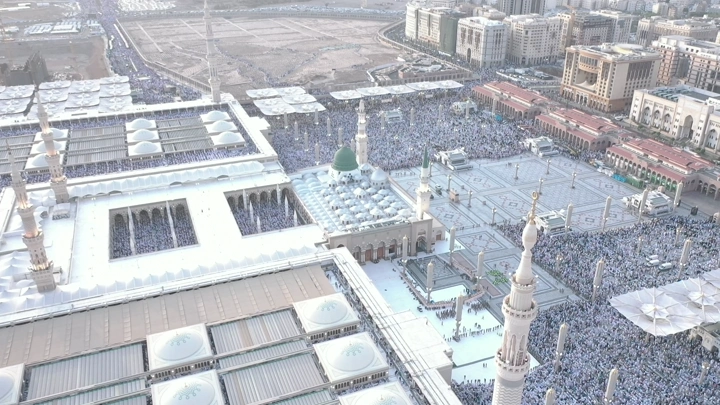 Prophet's Mosque in Medina from above, aerial shot.