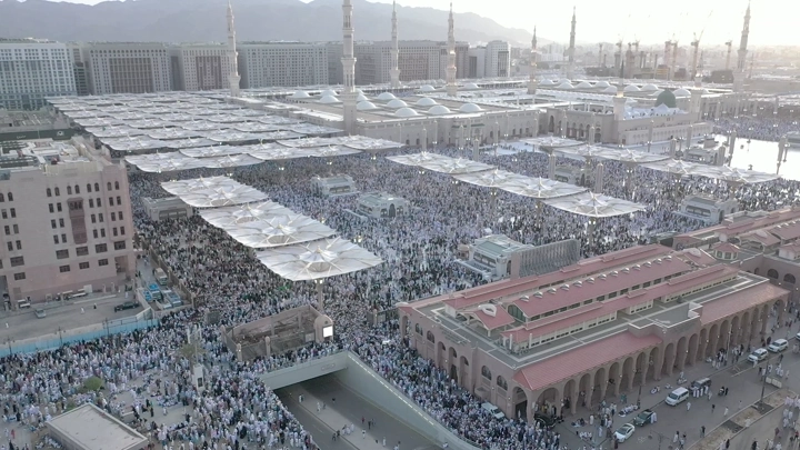 Prophet's Mosque in Medina, aerial daytime shot.