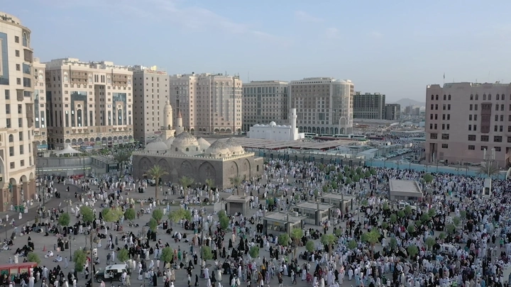 Prophet's Mosque in Medina during the day, aerial shot.