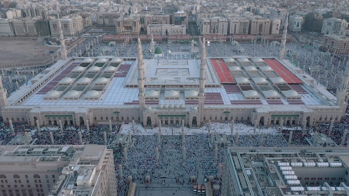 Prophet's Mosque in Medina, aerial daytime shot.