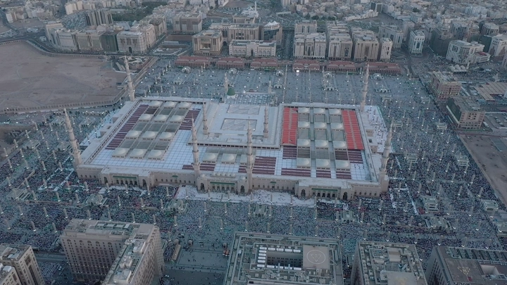 Prophet's Mosque in Medina, aerial shot.