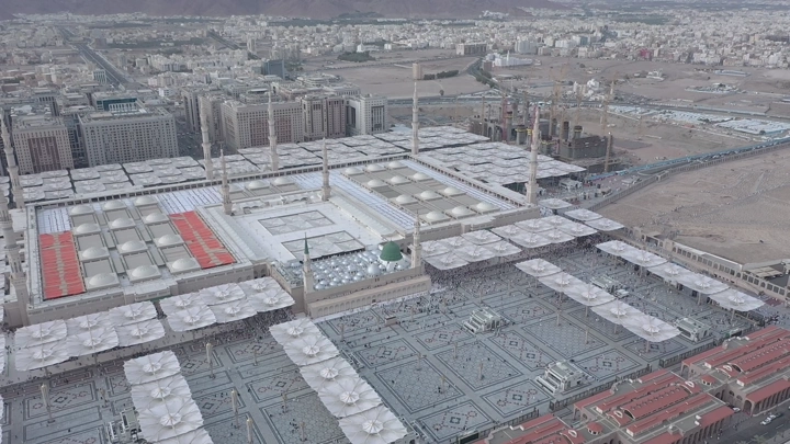 Prophet's Mosque in Medina, aerial daytime shot.