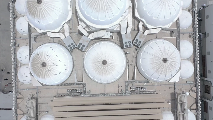 Roof of Quba Mosque in Medina, aerial shot.