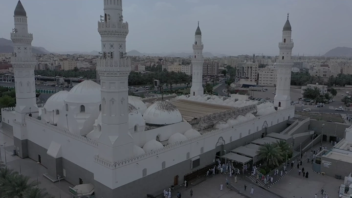 Quba Mosque in Medina, daytime aerial shot.