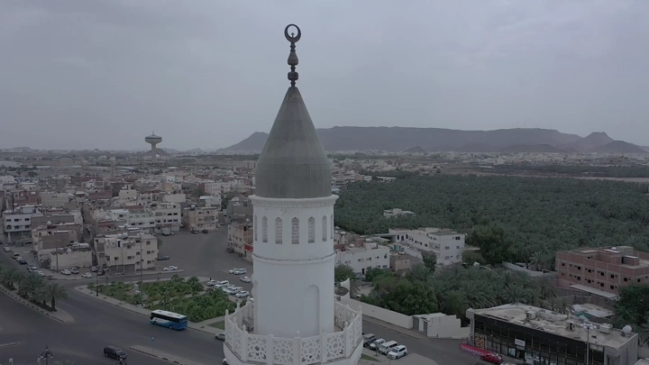 Minaret of Quba Mosque in Medina, aerial shot.