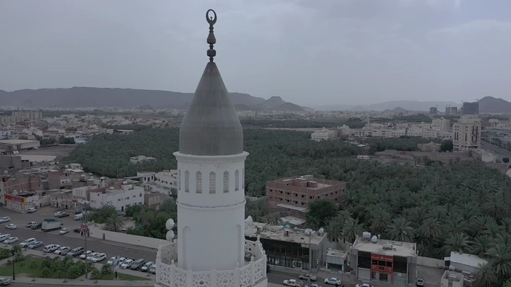 Minaret of Quba Mosque in Medina, aerial shot.