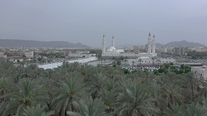 مسجد قباء في المدينة المنورة محاط بالنخيل، لقطة جوية.