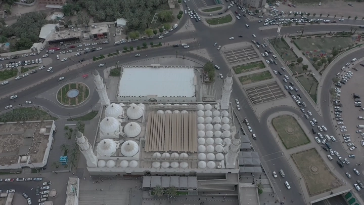 Quba Mosque in Medina, aerial shot.