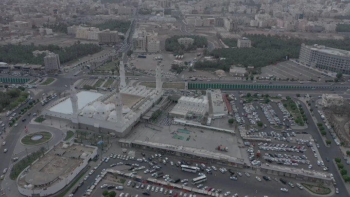 Quba Mosque in Medina, daytime aerial shot.