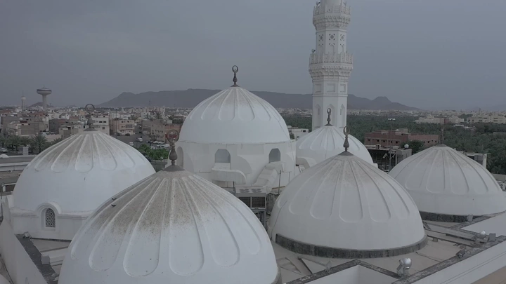 Domes of Quba Mosque in Medina, aerial shot.