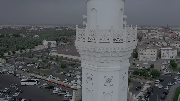 Minaret of Quba Mosque in Medina, aerial shot.