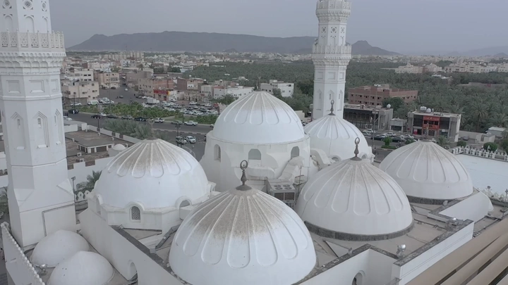 Quba Mosque in Medina, daytime aerial shot.