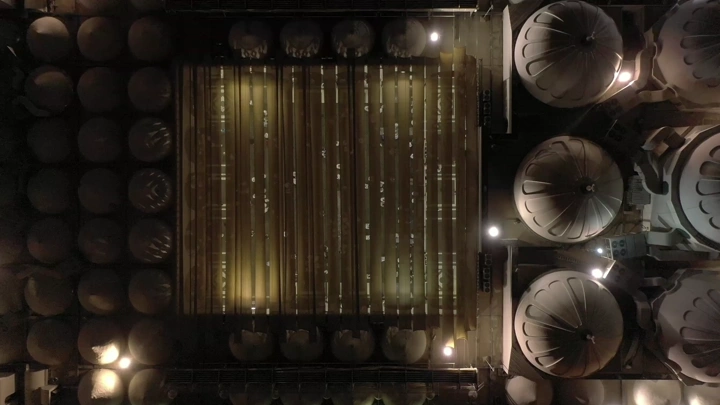 Quba Mosque in Medina at night, aerial shot.