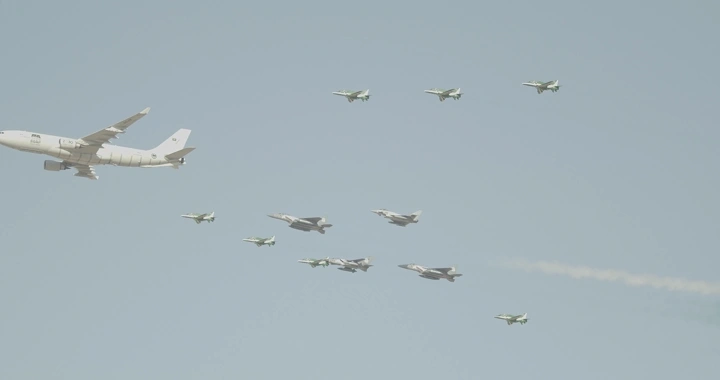 Formation of aircraft in an air show for National Day, daytime shot.