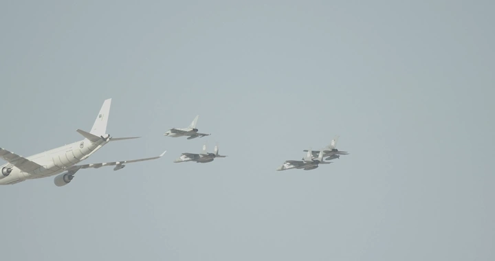 Aircraft formation in an air show for National Day, distant shot.