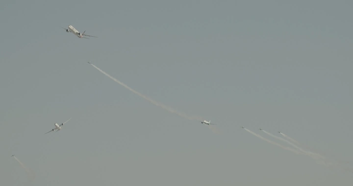 Planes in an air show for National Day, aerial shot.