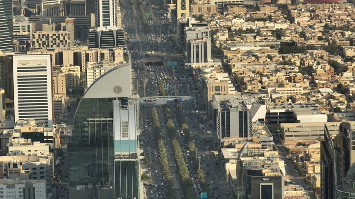 Aerial view of Riyadh Towers during the day, shot from a drone.