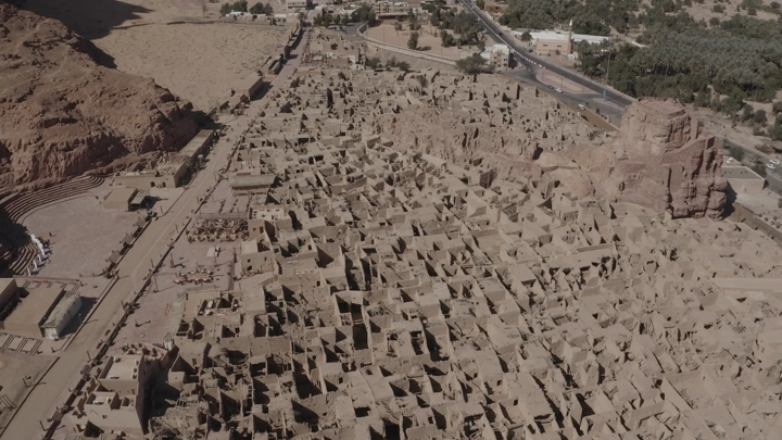 Old town of AlUla from above, aerial shot.