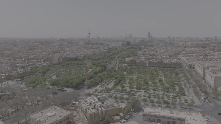 Aerial shot of Riyadh city with King Fahd Road Park, drone shot.