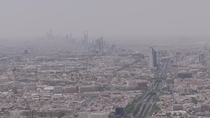 Aerial view of Riyadh Towers during the day, shot from a drone.