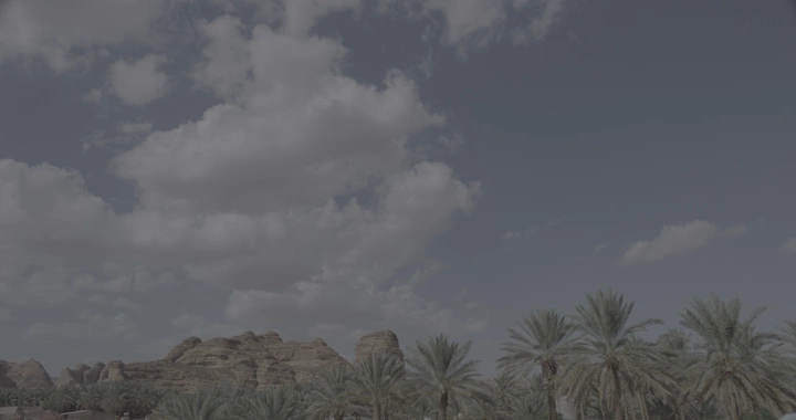 سماء غائمة فوق أشجار النخيل وصخور العلا، لقطة تايم لابس.