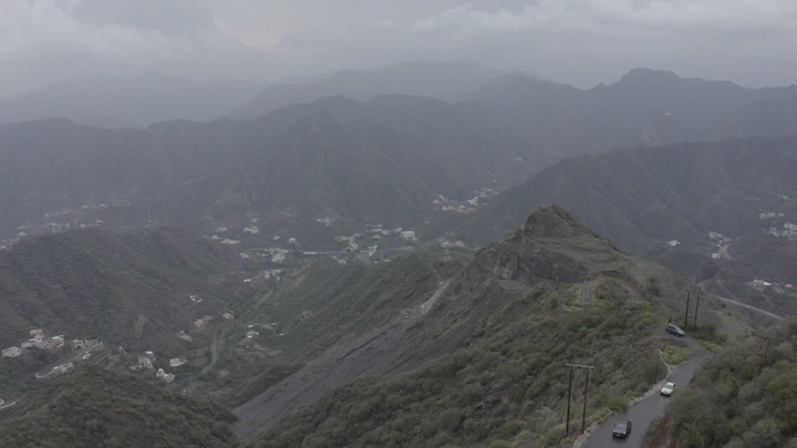 Rijal Almaa mountains in Asir region, aerial shot on a cloudy day.