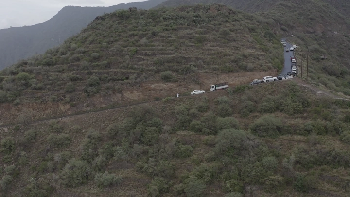 Rijal Almaa mountains in Asir region, aerial shot on a cloudy day.