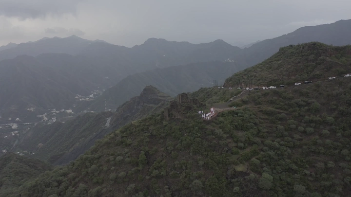 Rijal Almaa mountains in Asir region, aerial shot on a cloudy day.