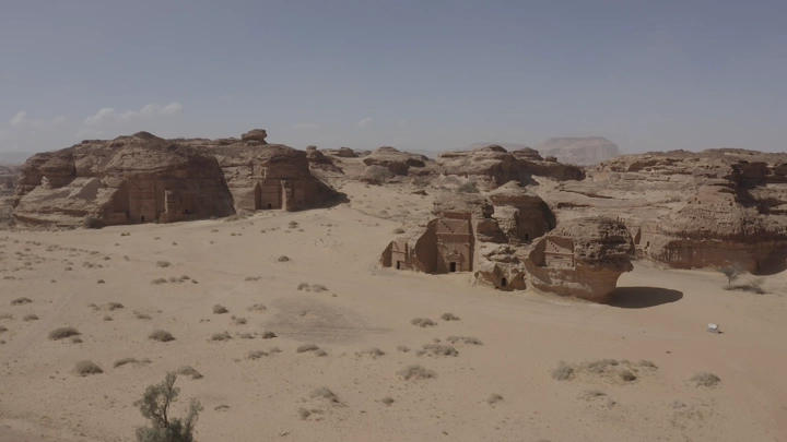 Aerial view of the archaeological site of Al-Hijr, Madain Salih in Al-Ula, daytime photography.