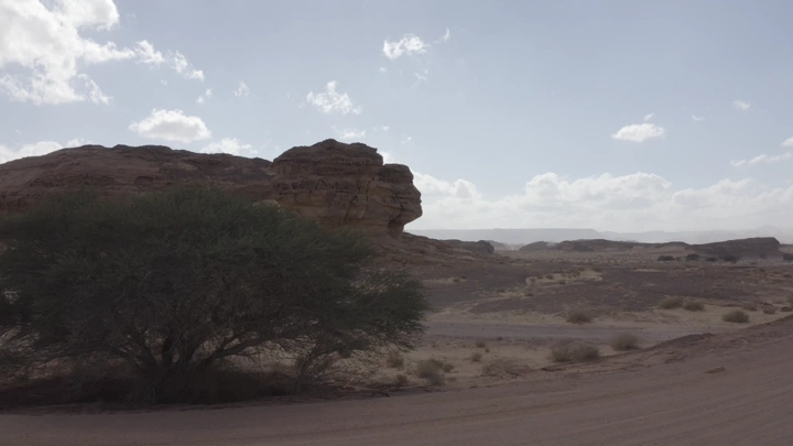 صخرة الوجه في العلا تحت السماء الزرقاء، لقطة نهارية.