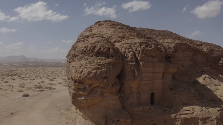 Rock formation at Madain Saleh in AlUla, aerial shot.
