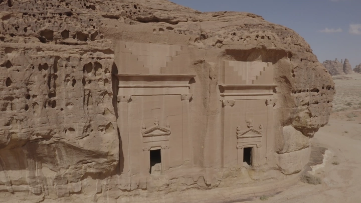 Rock-carved tombs in Al-Hijr (Madain Salih) in Al-Ula, aerial view.