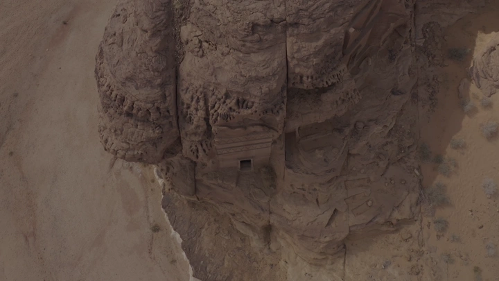 Aerial view of the archaeological site of Al-Hijr, Madain Salih, in Al-Ula, aerial photography.