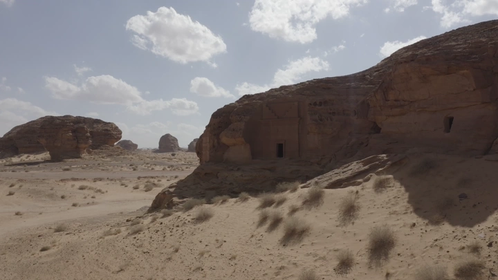 Madain Saleh Al-Hijr in Al-Ula under the clear sky, aerial shot.