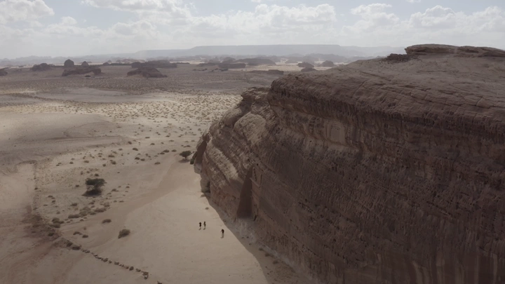 Rock formation at Madain Saleh in AlUla, aerial shot.