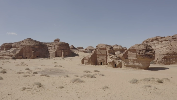 Mada'in Saleh in AlUla under clear sky, aerial shot.