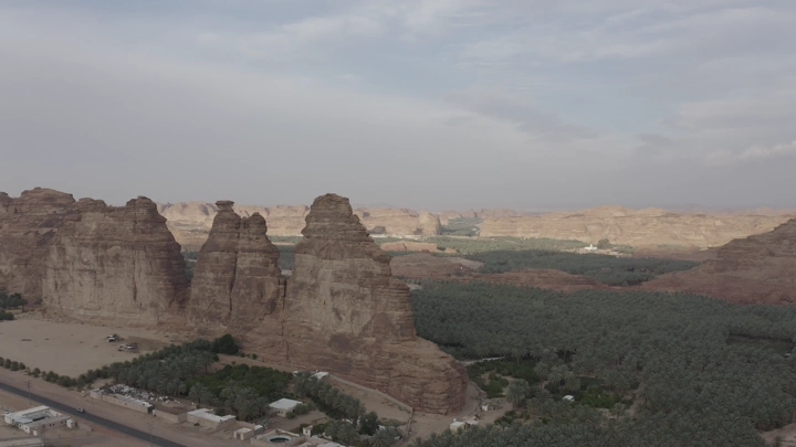 Mountains and farms in AlUla, Saudi Arabia, aerial shot.