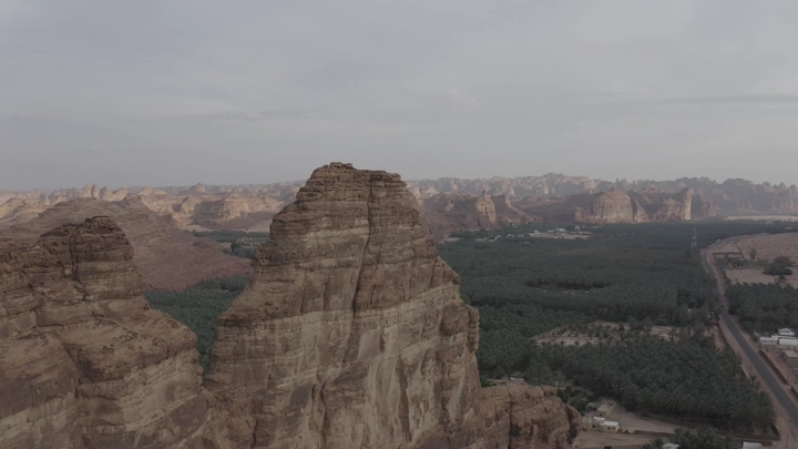 Mountains and farms in AlUla, Saudi Arabia, aerial shot.