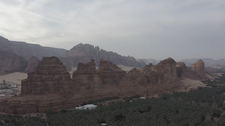 Mountains and farms in AlUla, aerial drone shot.