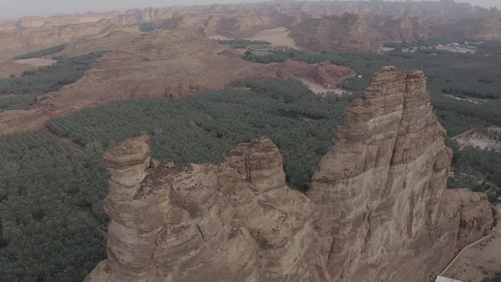 Mountains and farms in AlUla from above, aerial shot.