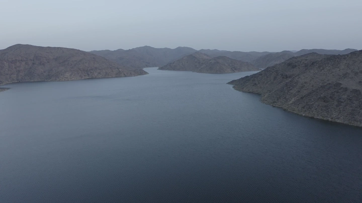Aerial view of the Wadi Bisha Dam in the Asir region, shot from a drone.