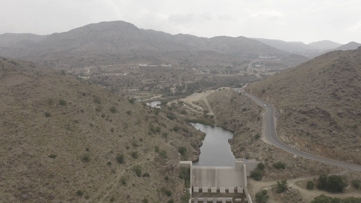 Dhubai Dam in Abha between the mountains, aerial shot.